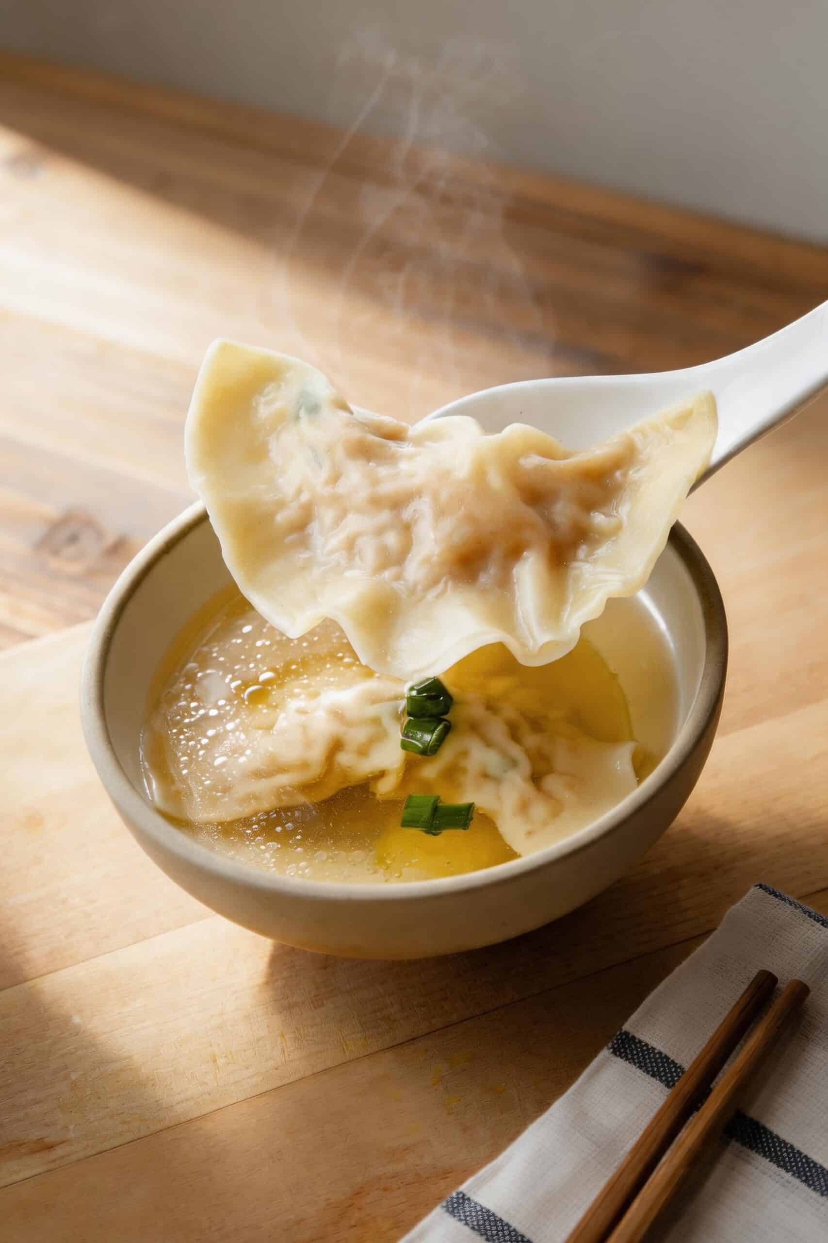 Delicious chicken dumpling soup served in a bowl, with steam rising, garnished with green onions, pe.