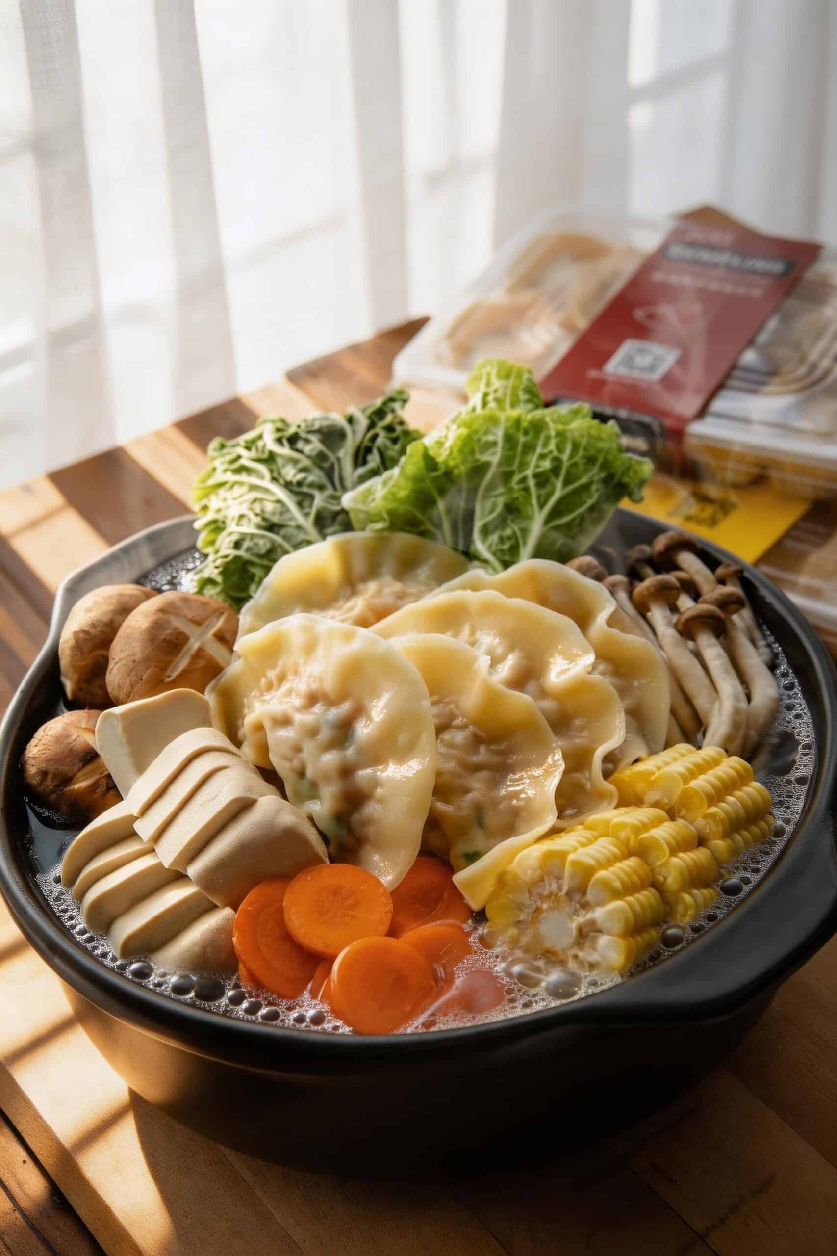 Delicious vegetable hot pot featuring fresh greens, mushrooms, carrots, and tofu, ideal for food pro.